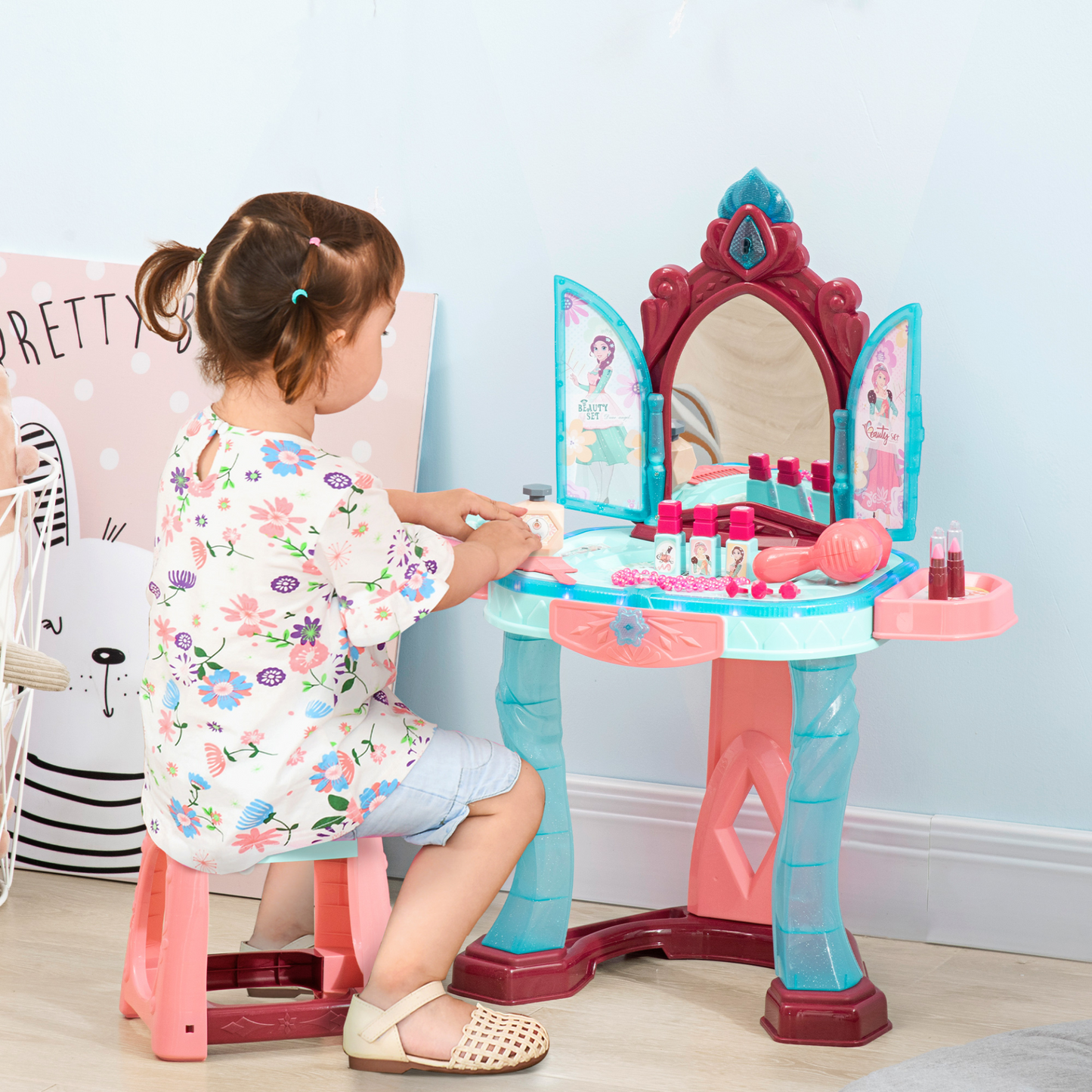 31 Piece Kids Dressing Table Set w/ Magical Princess Mirror, Music and Light, Beauty Kit, Mirror, Stool. for Ages 3-6 Years - Blue and Pink