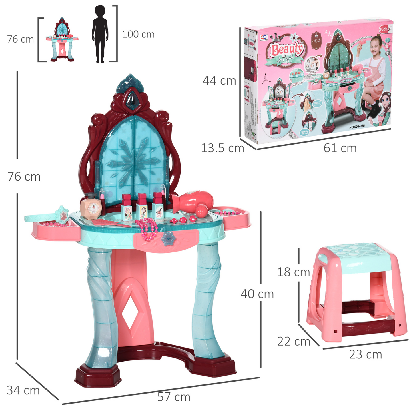 31 Piece Kids Dressing Table Set w/ Magical Princess Mirror, Music and Light, Beauty Kit, Mirror, Stool. for Ages 3-6 Years - Blue and Pink