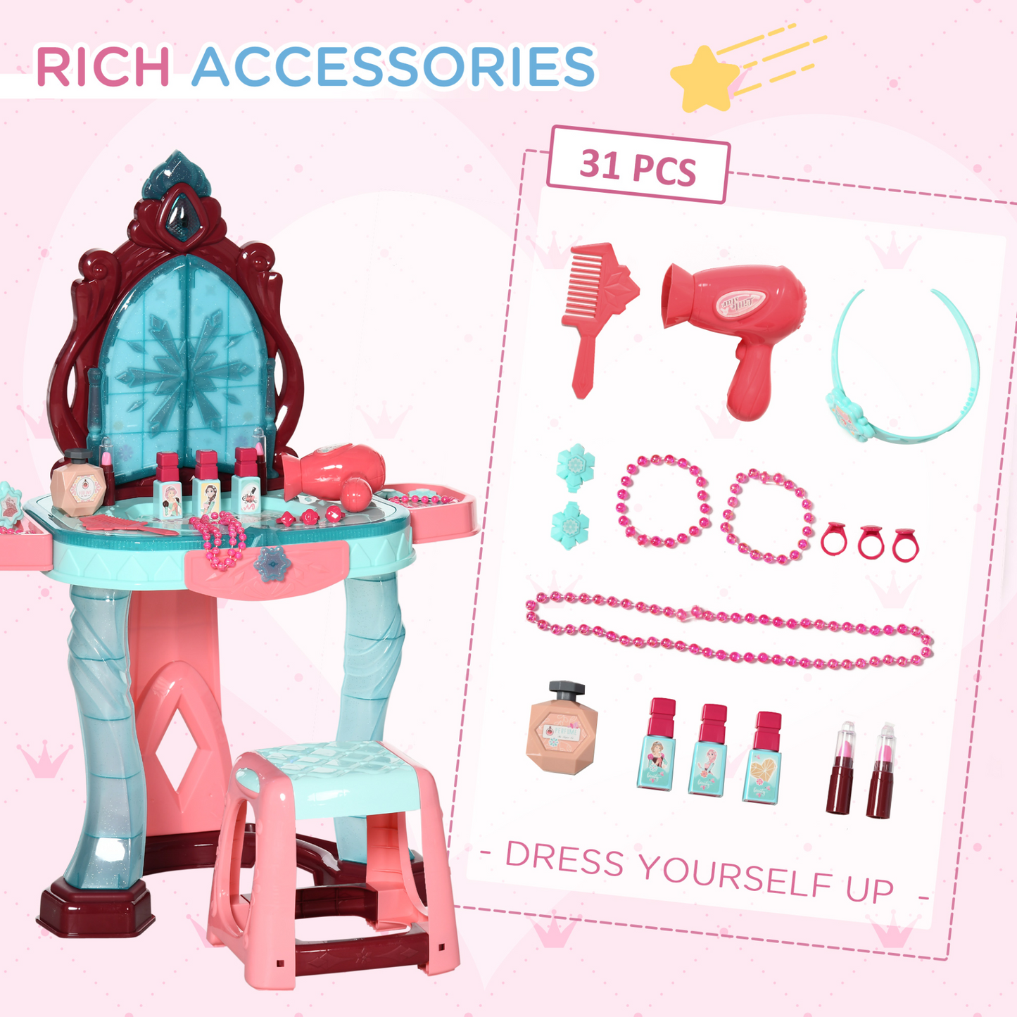 31 Piece Kids Dressing Table Set w/ Magical Princess Mirror, Music and Light, Beauty Kit, Mirror, Stool. for Ages 3-6 Years - Blue and Pink