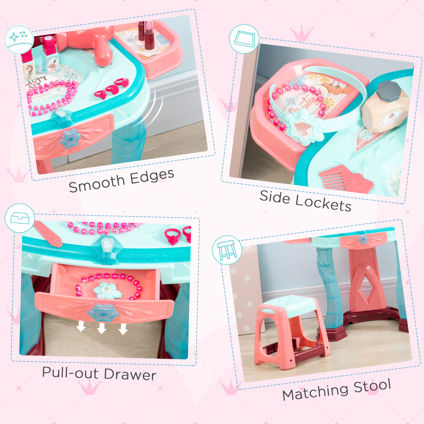 31 Piece Kids Dressing Table Set w/ Magical Princess Mirror, Music and Light, Beauty Kit, Mirror, Stool. for Ages 3-6 Years - Blue and Pink
