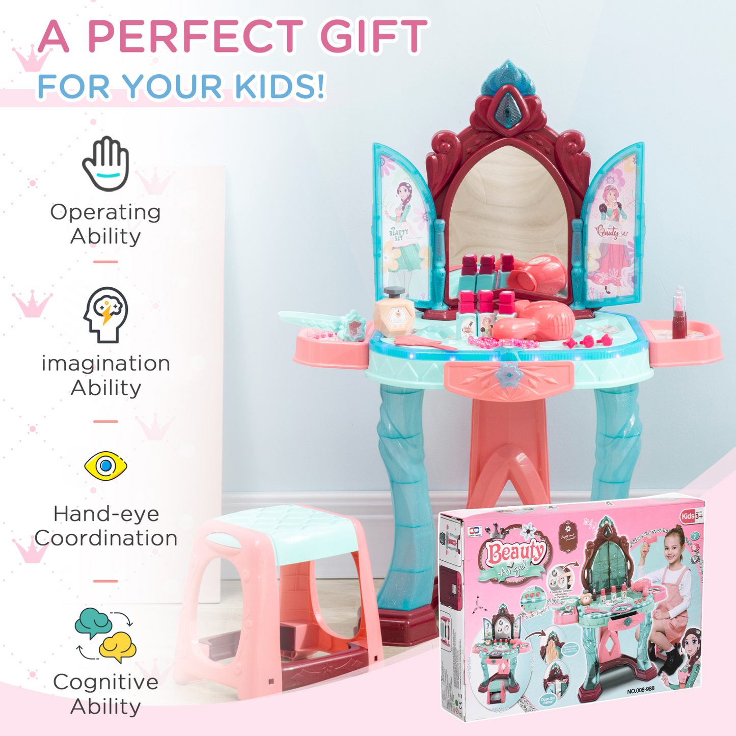 31 Piece Kids Dressing Table Set w/ Magical Princess Mirror, Music and Light, Beauty Kit, Mirror, Stool. for Ages 3-6 Years - Blue and Pink