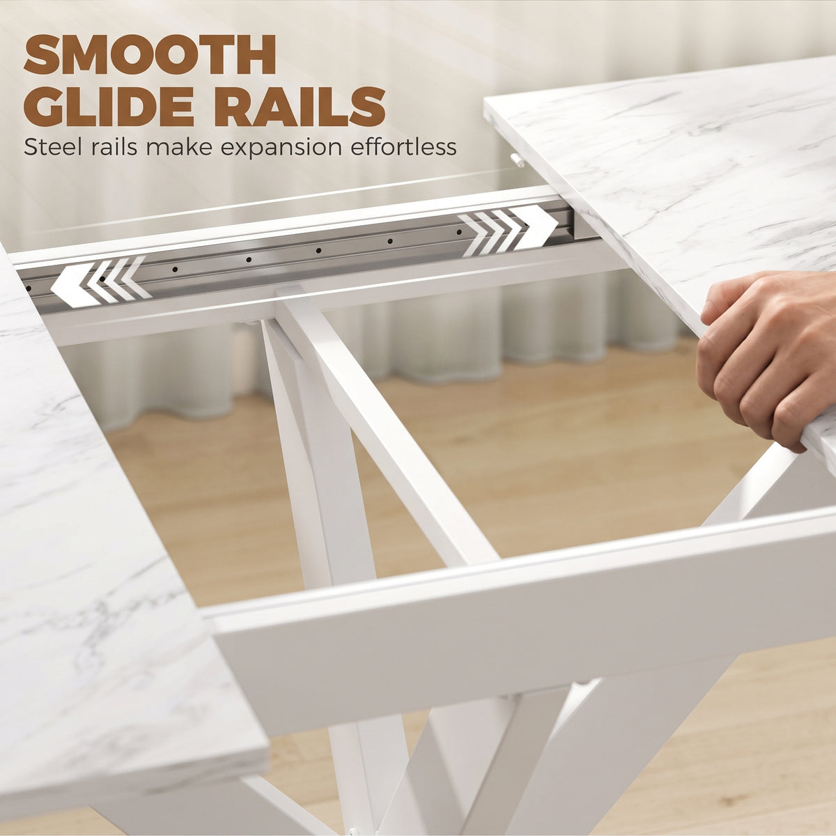 HOMCOM Extendable Dining Table Steel Cross Legs Steel Rails Space Saving White