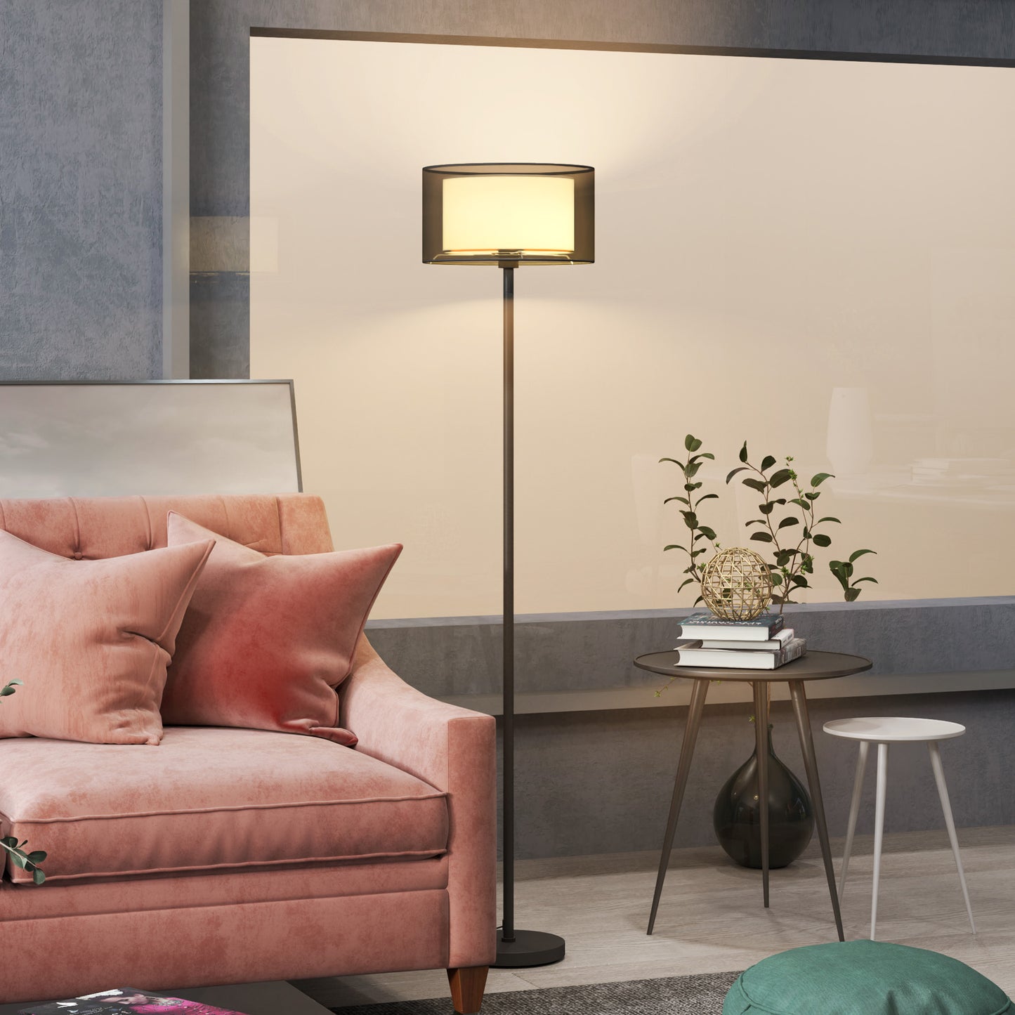 HOMCOM Floor Lamp for Living Room, Modern Standing Lamp with Double Layer Shade & Foot Switch, Minimalist Tall Pole Lampshade for Bedroom, Office, Black
