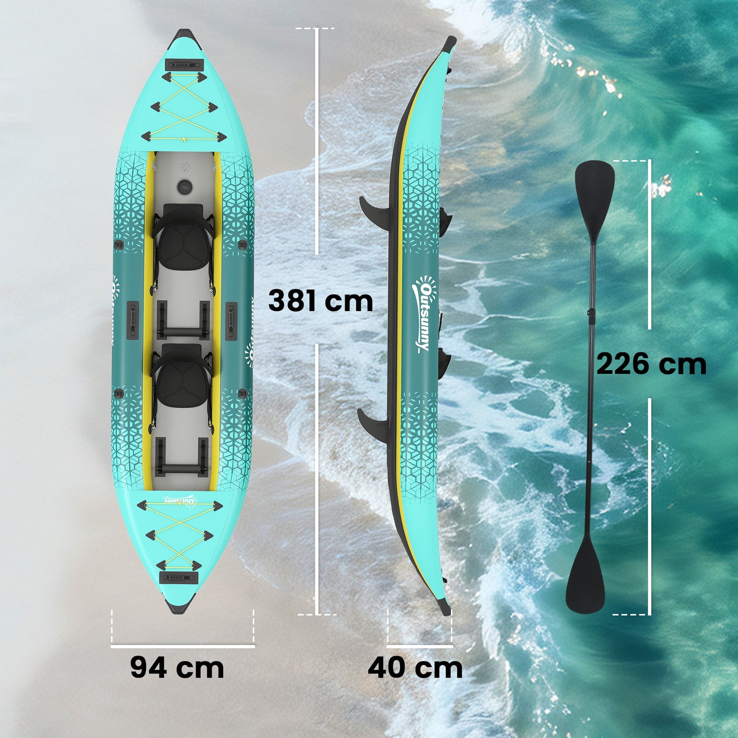 Outsunny 12.5' Inflatable Kayak Set, 2-person Sit on Canoe with Aluminium Oars, Blue and Yellow