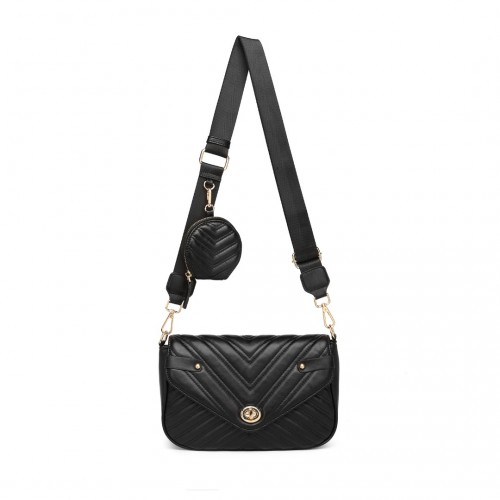 LB2138 - Miss Lulu V-quilted Flap Leather Shoulder Bag - Black