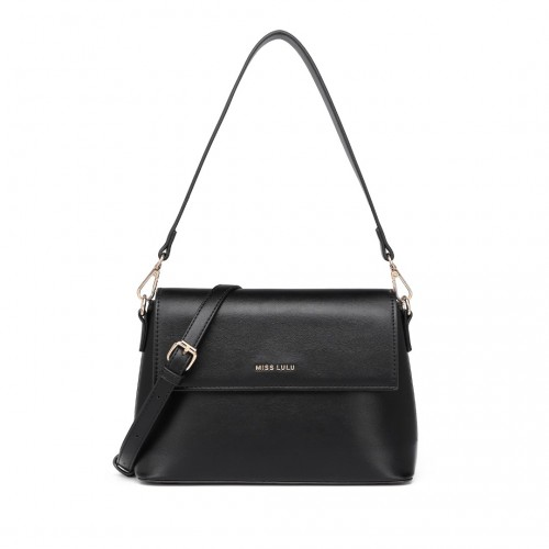 LH2209 - Miss Lulu Classic Flap Leather Shoulder Bag - Black