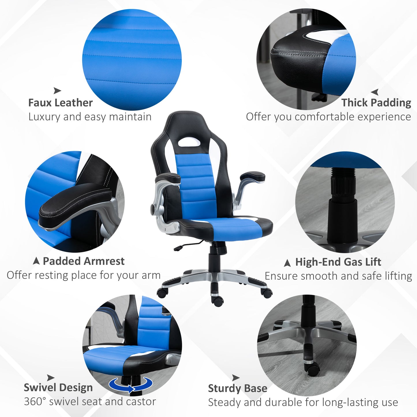 HOMCOM Computer Gaming Chair, Office Desk Swivel Chair, PU Leather Racing Chair with 90Â° Flip-up Armrest, Adjustable Height and Rolling Wheels, Blue