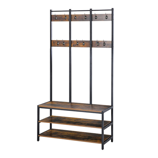HOMCOM Coat Rack Stand, Free Standing Hall Tree, Coat Stand with Hooks, Bench and Shoe Rack, 100cm x 38.5cm x 185.5cm, Industrial Style, Rustic Brown and Black