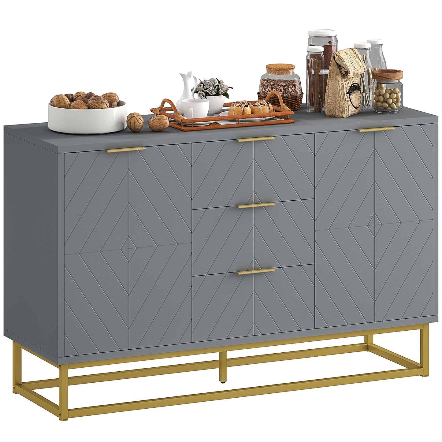 HOMCOM Sideboard with 3 Drawers and Adjustable Shelves for Living Room - Grey
