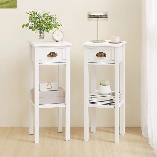 HOMCOM 2-Tier Side Tables Set of 2 with Drawer and Shelf, 2 Pieces Bedside Tables for Living Room and Hallway, White
