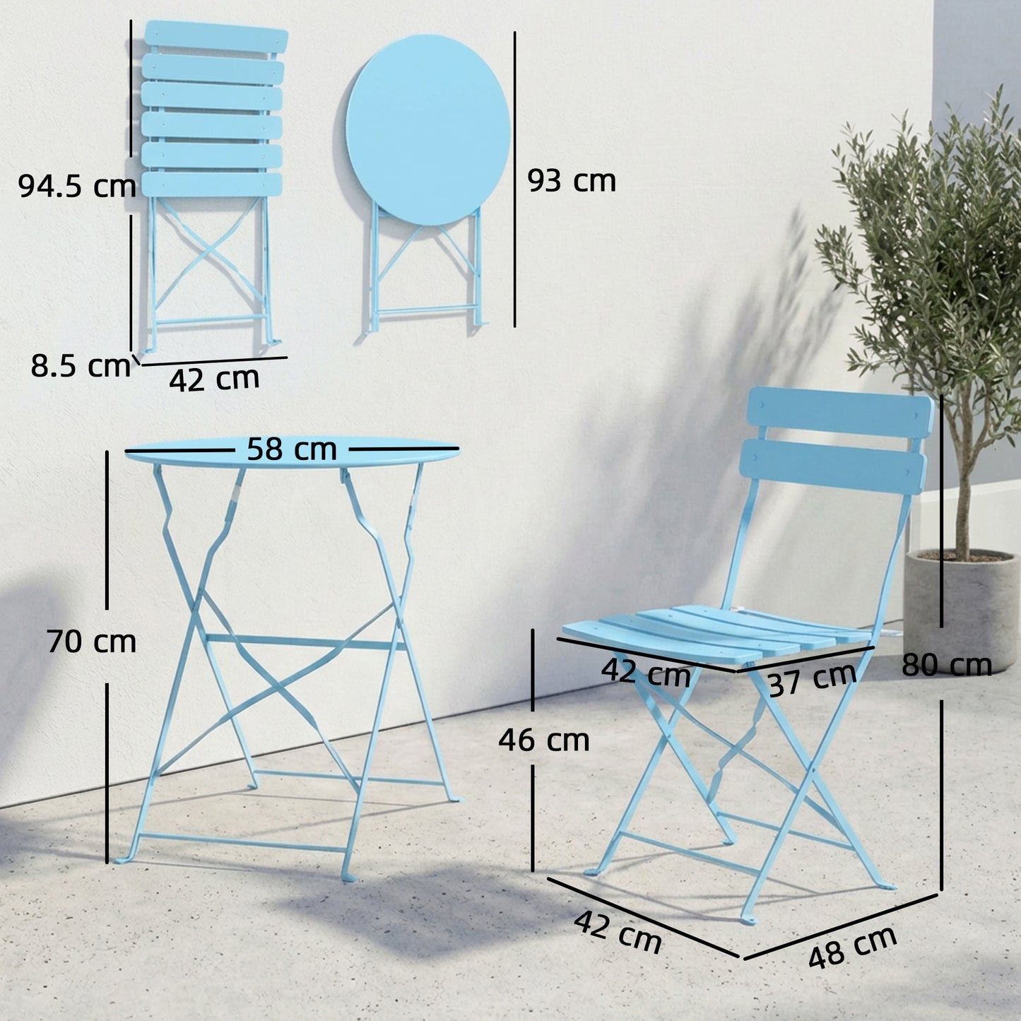 Outsunny Folding Garden Bistro Set, Outdoor Round Bistro Table and Chairs Set 2 with Electrophoresis Metal Frame, Light Blue