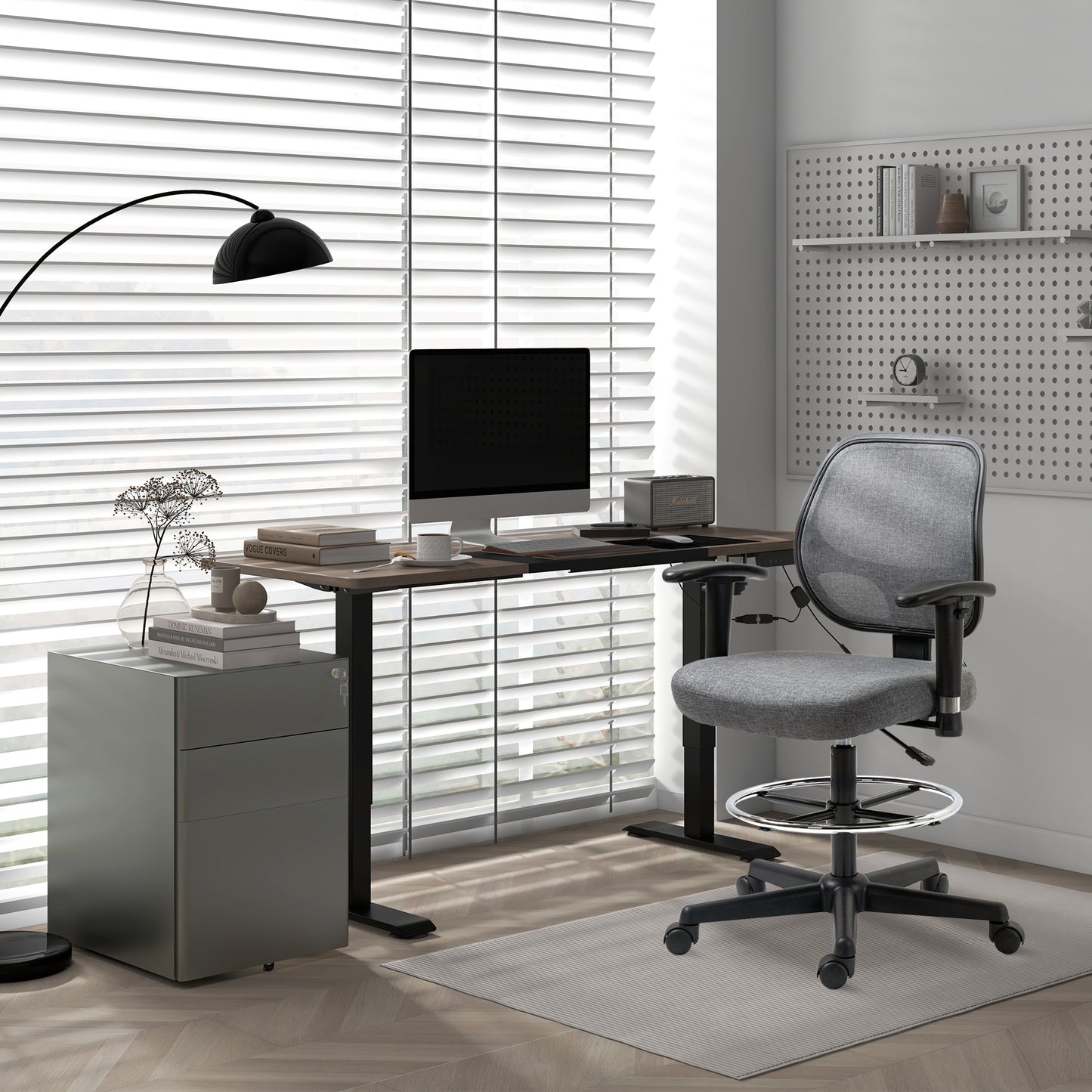 Vinsetto Drafting Chair, Fabric Office Chair, Ergonomic Painting Chair with Height Armrest Adjustable and Foot Ring, 360Â° Swivel Stool Chair for Standing Desk, Grey