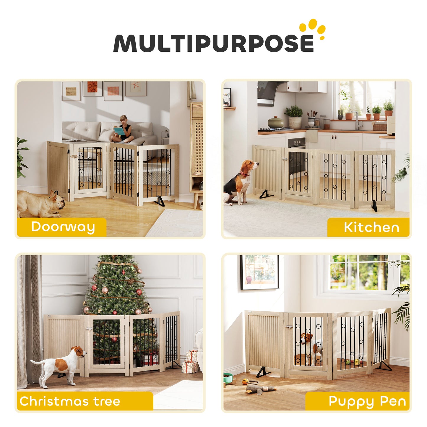 PawHut 4 Panel Freestanding Pet Gate, Indoor Dog Barrier with Lockable Door, Support Feet, 360Â° Flexible Hinges, Oak