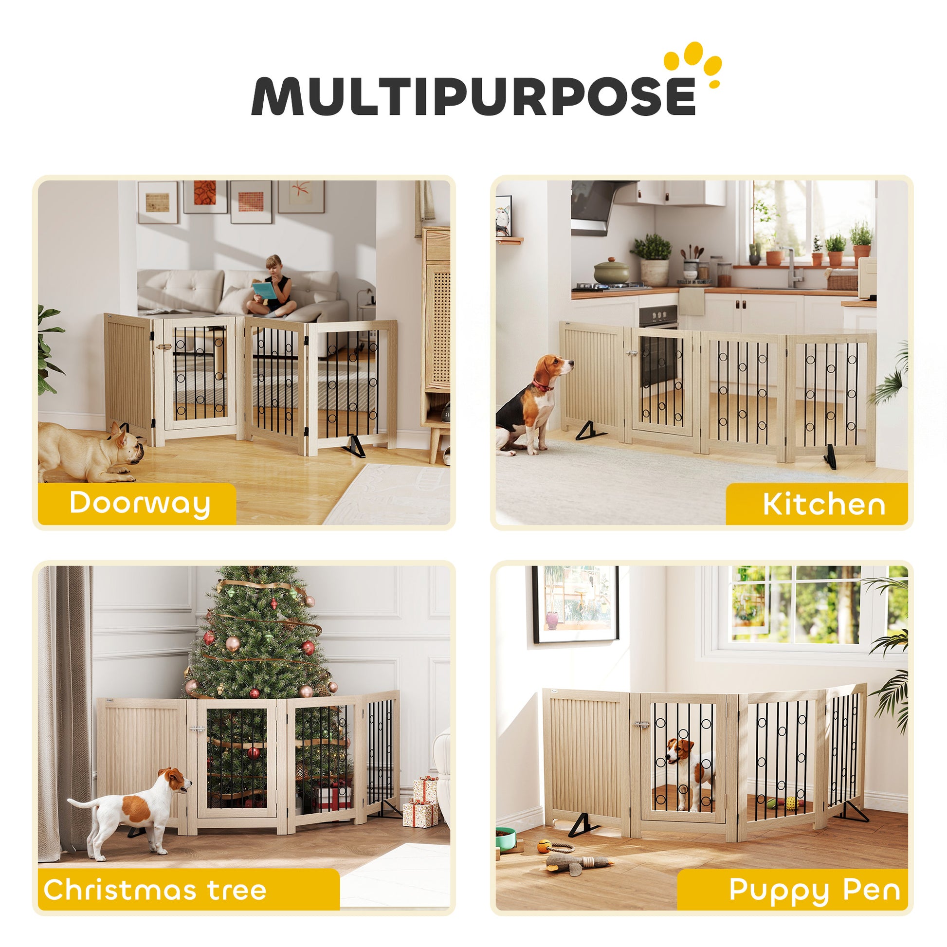 PawHut 4 Panel Freestanding Pet Gate, Indoor Dog Barrier with Lockable Door, Support Feet, 360Â° Flexible Hinges, Oak