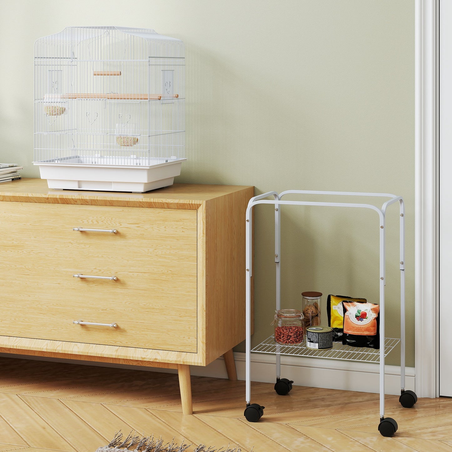 PawHut Bird Cage Budgie Cages for Finch Canary Parakeet with Stand Wheels Slide-out Tray Accessories Storage Shelf, White