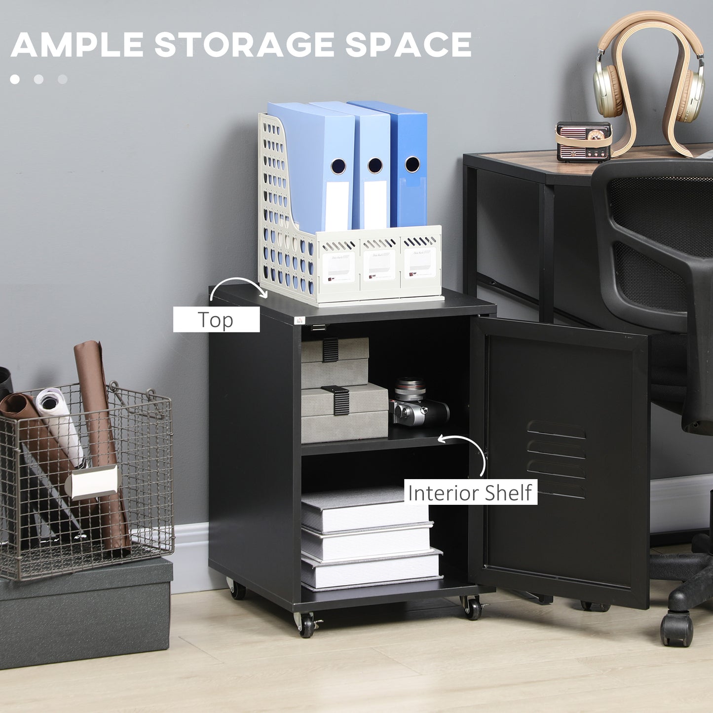 HOMCOM Rolling Metal Storage Locker Cabinet, Industrial Mobile Lockable Cabinet with Adjustable Shelf and Wheels for Home Office Living Room, Black