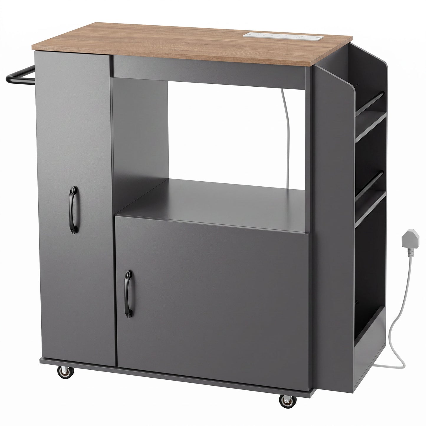 HOMCOM Kitchen Trolley on Wheels, Rolling Kitchen Island Cart with Power Outlet, Cabinet, Pull-Out Drawer, Grey