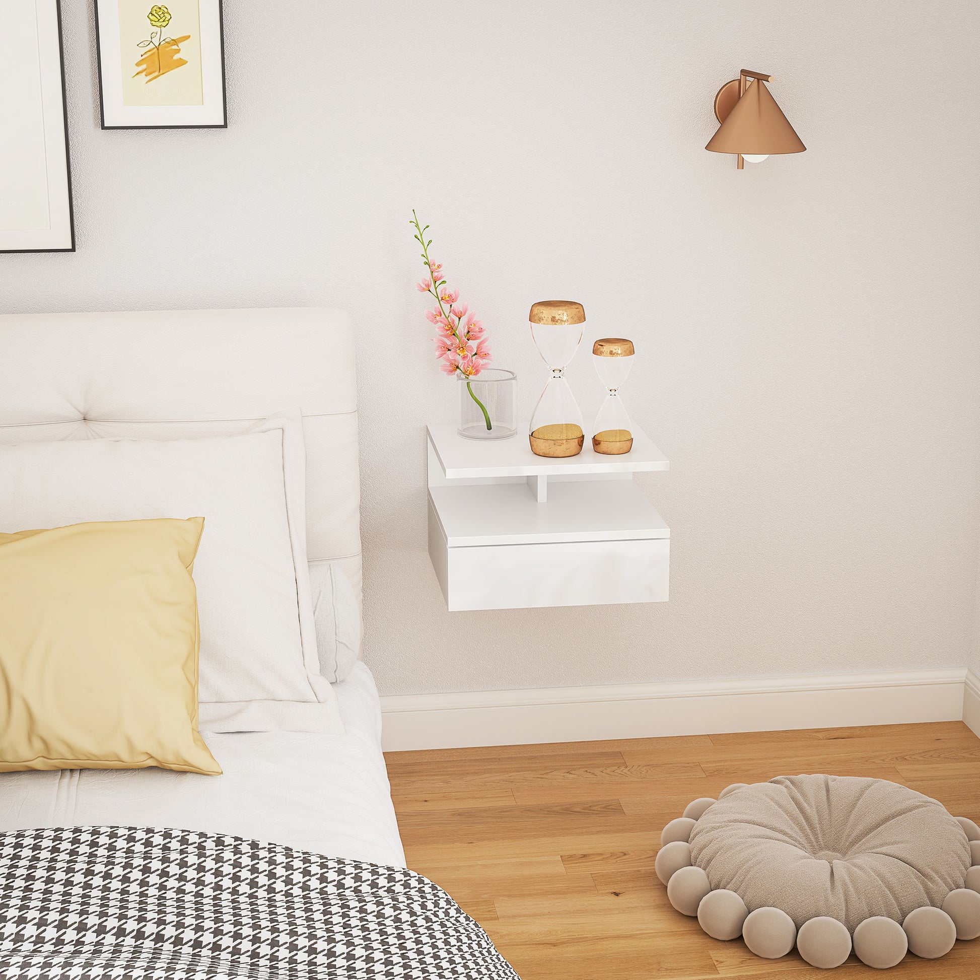 HOMCOM Floating High Gloss Bedside Table - High Gloss White