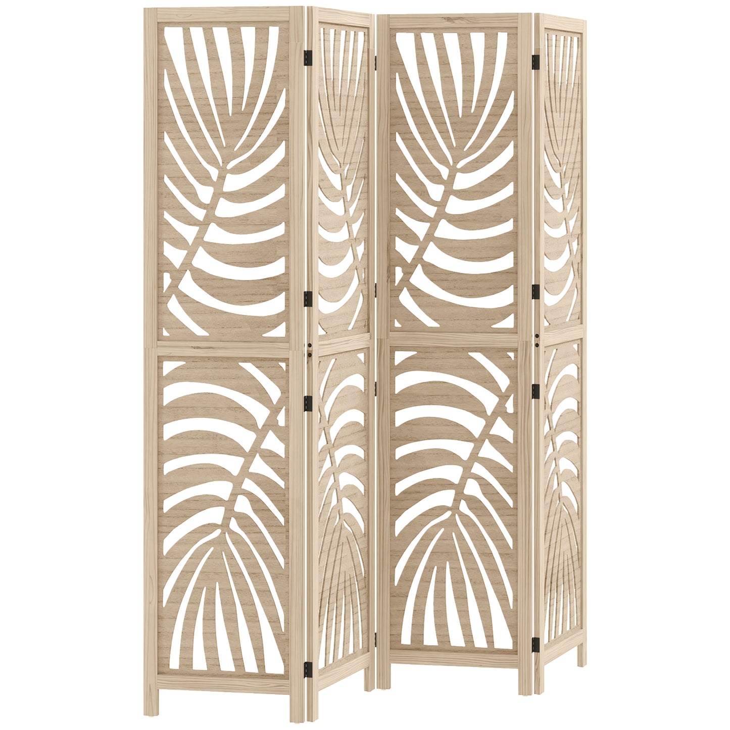 HOMCOM 4 Panel Privacy Screens, Detachable Folding Room Divider with Palm Leaf Design for Home Office, Natural Wood Finish Default Title
