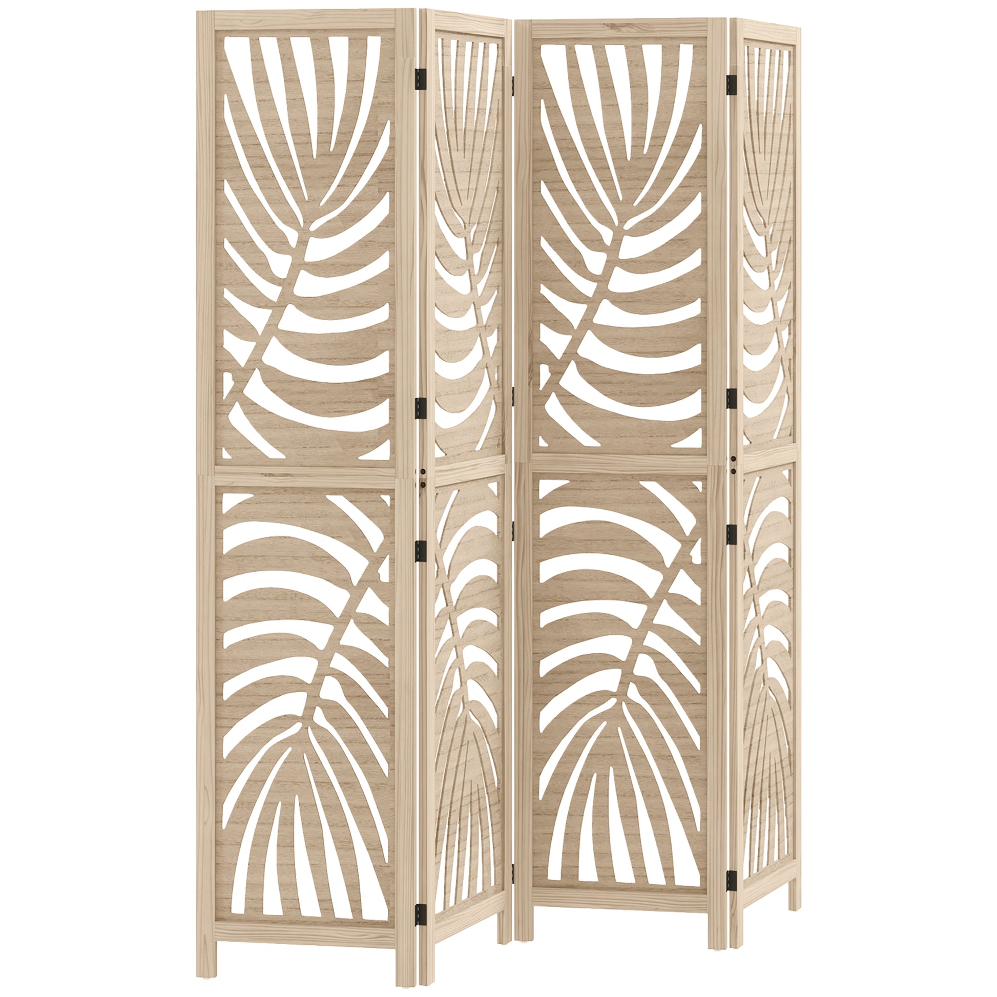 HOMCOM 4 Panel Privacy Screens, Detachable Folding Room Divider with Palm Leaf Design for Home Office, Natural Wood Finish Default Title