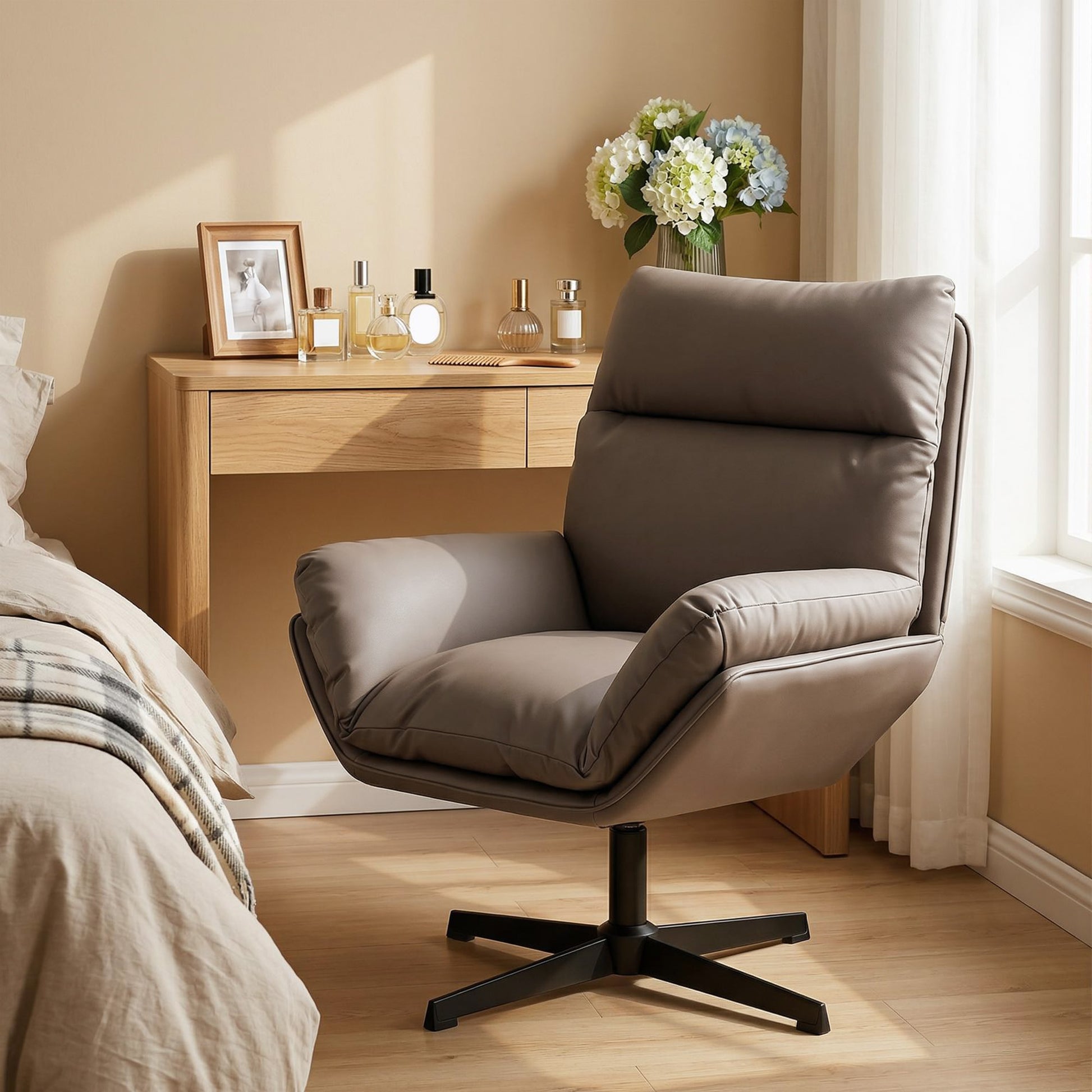 HOMCOM Accent Chair with 360 Swivel Armchair for Living Room with Padded Cushion Dark Brown