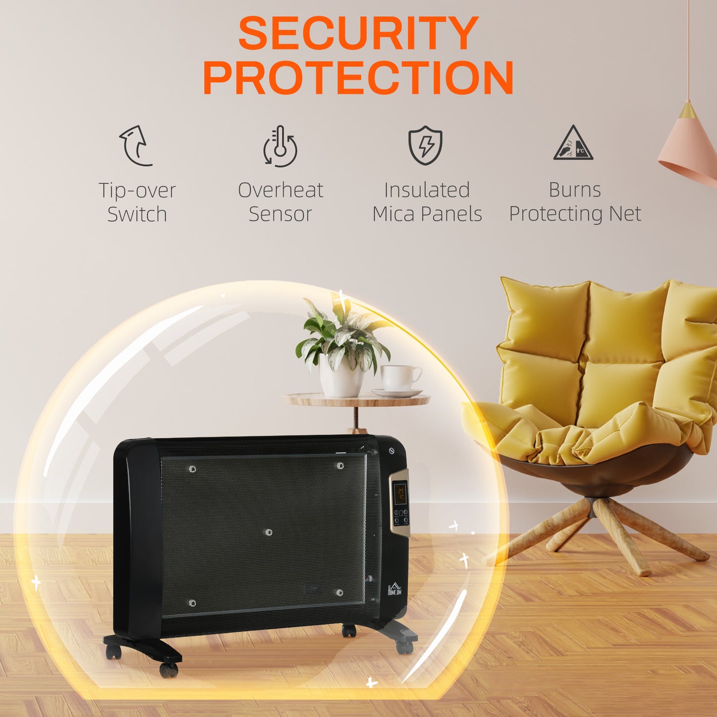 HOMCOM Mica Electric Space Heater, Portable Heater for Home with 2 Heat Settings, Living Room, Study, Garage, Adjustable Temperature 18-30Â°C, 1000W/2000W, Black