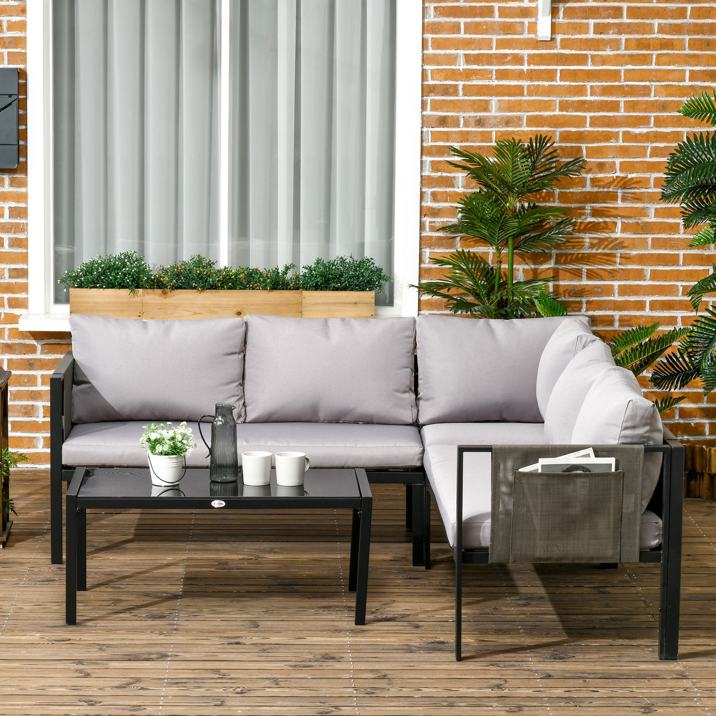 Outsunny 5 Seater Garden Corner Sofa Set, 4 Pieces Metal Garden Furniture Set with Loveseats, Glass Top Coffee Table, Breathable Mesh Pocket, Outdoor Conversation Furniture with Cushions, Light Grey
