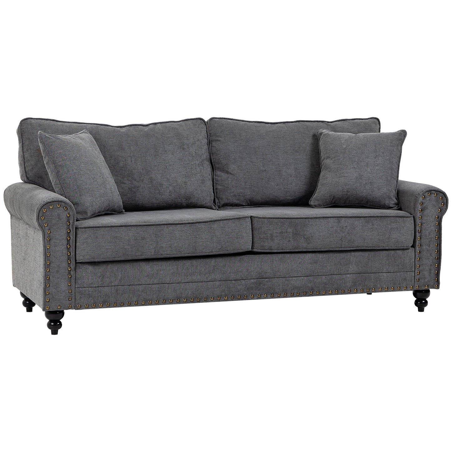 HOMCOM 196cm 3 Seater Sofa, Fabric Sofa with Rubber Wood Legs, Nailhead Trim, 2 Pillows, Small Upholstered Couch Settee for Living Room, Guest Room, Grey Default Title