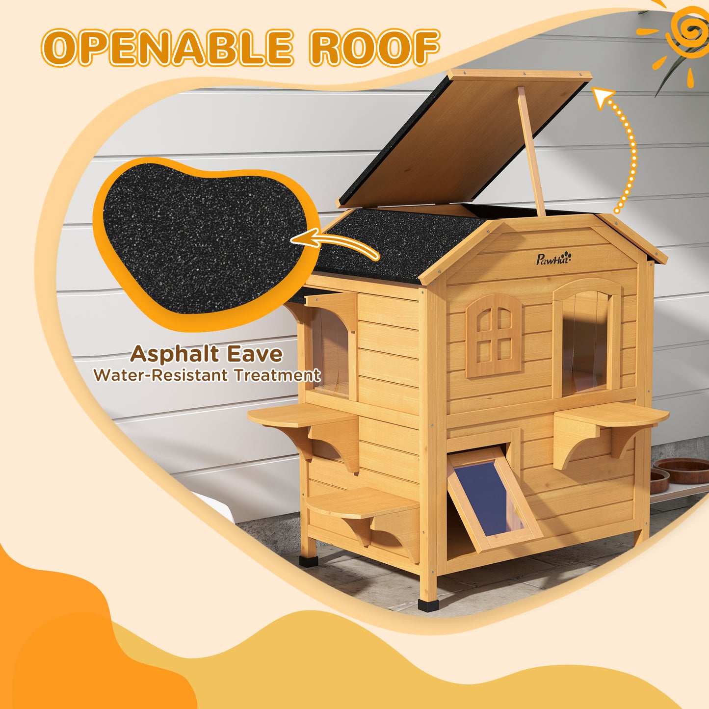 PawHutÂ 2-story Cat House Outdoor, WeatherproofÂ Wooden Cat Enclosure for Feral Cats with Escape Door, Openable Roof, Jumping Platforms, Natural Wood Finish