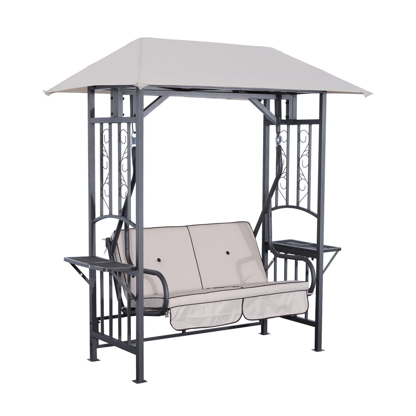 Outsunny Outdoor Garden 2 Seater Canopy Swing Chair Seat Porch Loveseat Vintage Hammock Cushioned Seat w/ Steel Frame and Side Drink Panel, Beige