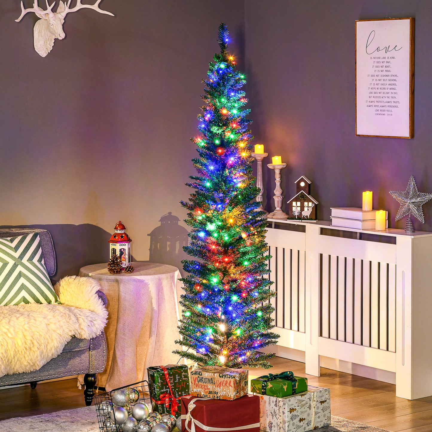 HOMCOM 6' Artificial Prelit Christmas Trees with Colourful LED Lights, Pencil Shape, Steel Base