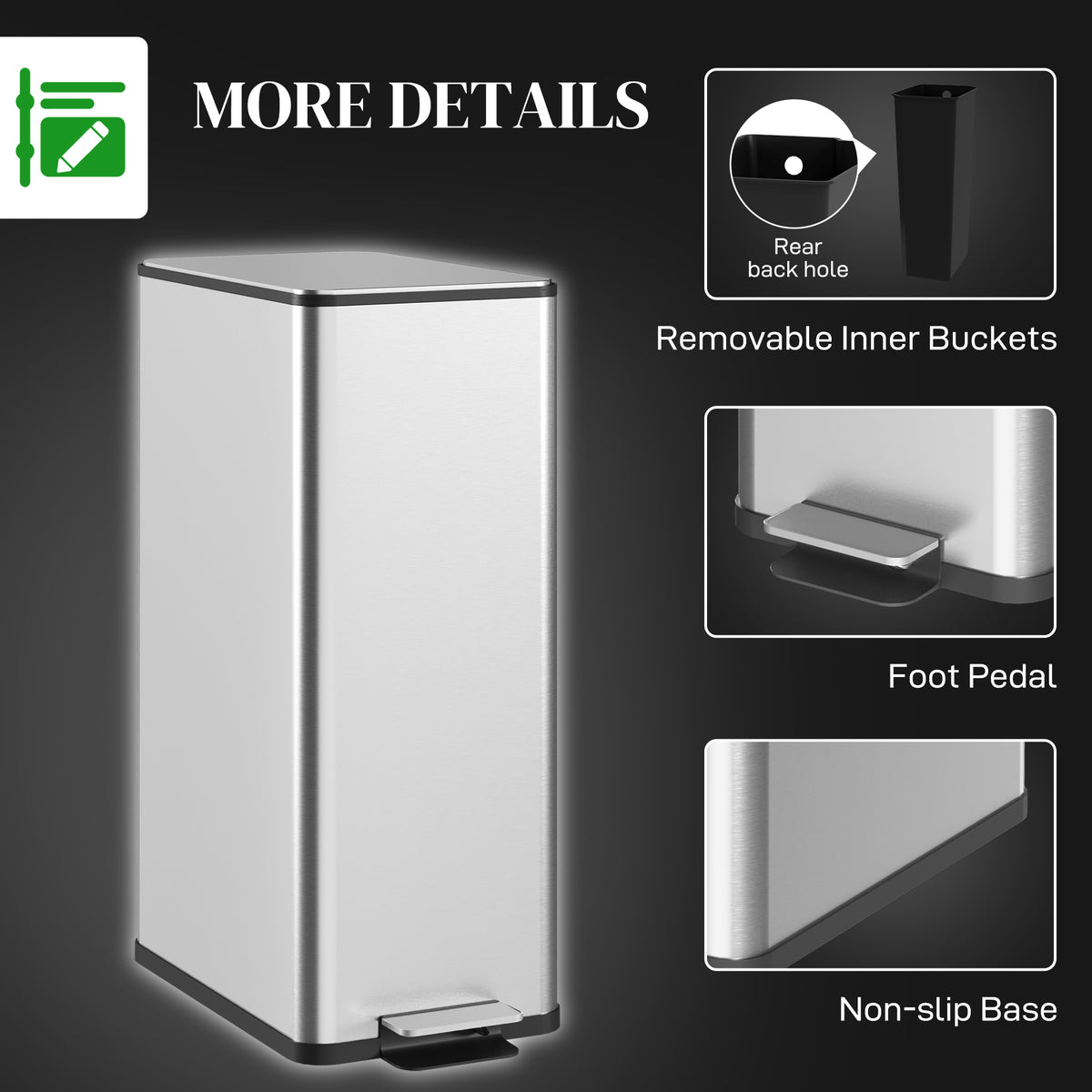 HOMCOM 20L Kitchen Pedal Bin, Slim Stainless Steel Rubbish Bin, Removable Inner Bucket, Soft-Close and Stay-Open Lid, Silver Tone