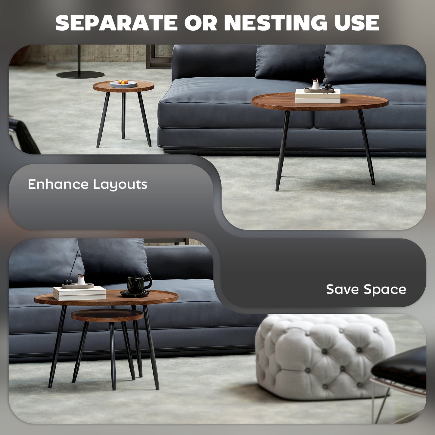 HOMCOM Nesting Coffee Table Set of 2, 80cm Modern Stacking End Side Table with Metal Legs for Living Room Bedroom Office, Chestnut Wood Effect