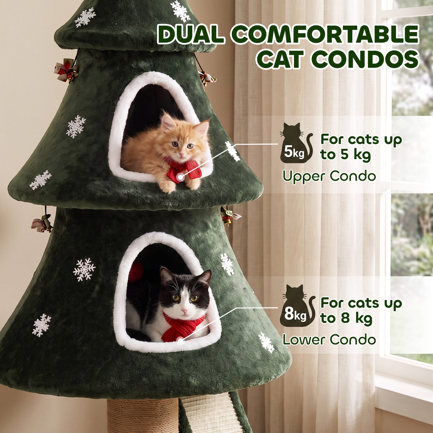 PawHut Cat Tree, Christmas Cat Tower with Dual Condos, Sisal Ladder, Jute Posts, Anti-Tip Rope, Hanging Balls, 60 x 60 x 132 cm