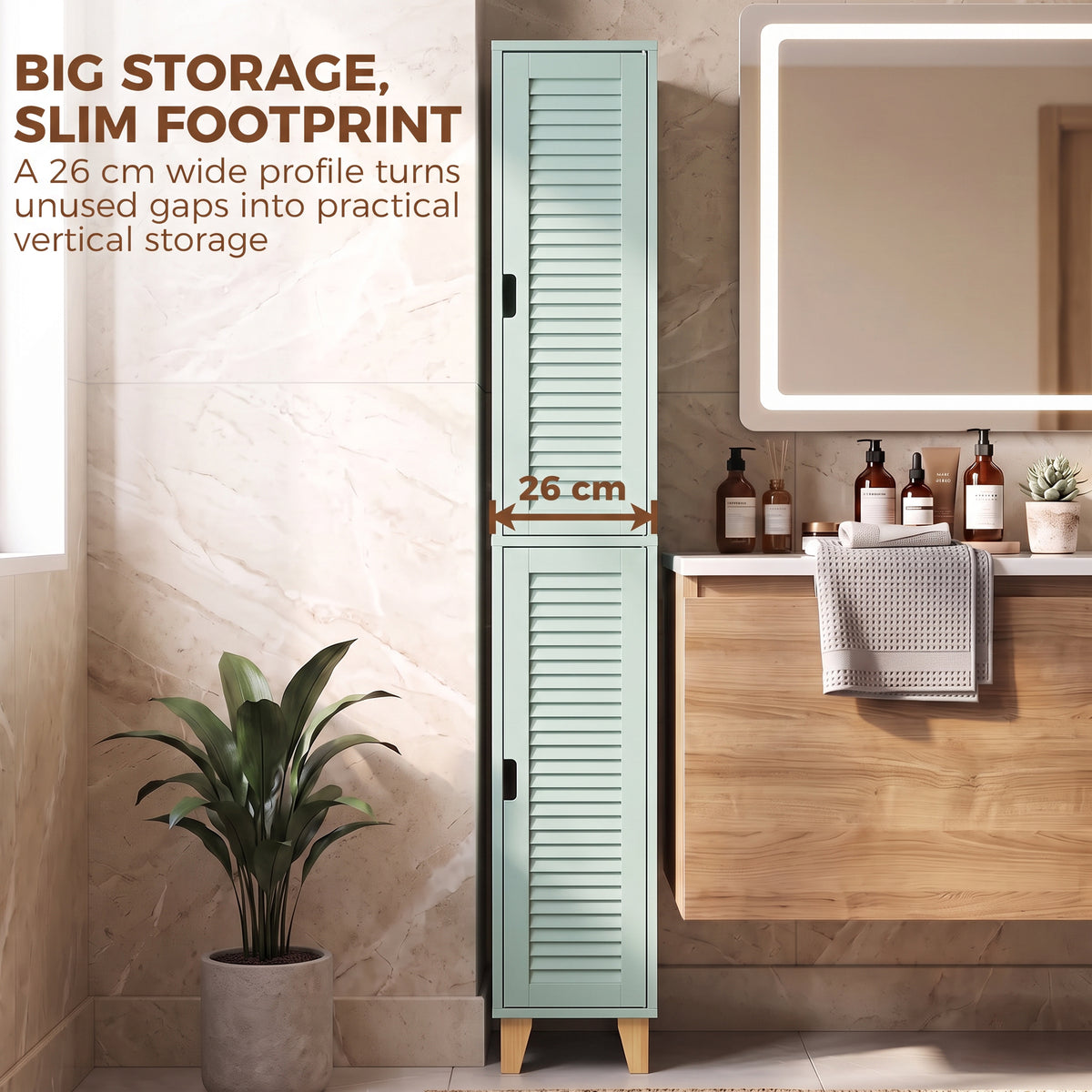 HOMCOM 170cm Tall Bathroom Storage Cabinet, Freestanding Bathroom Cabinet with Louvered Doors, Adjustable Shelf, Light Green
