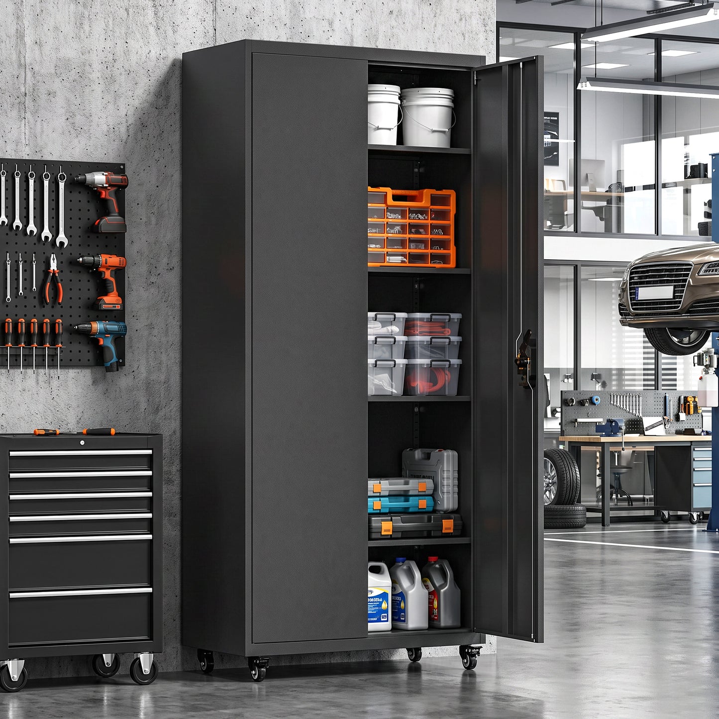 HOMCOM Metal Storage Cabinet, 180 cm Tall Lockable Steel Tool Cabinet with Removable Wheels and Adjustable Shelves, Black