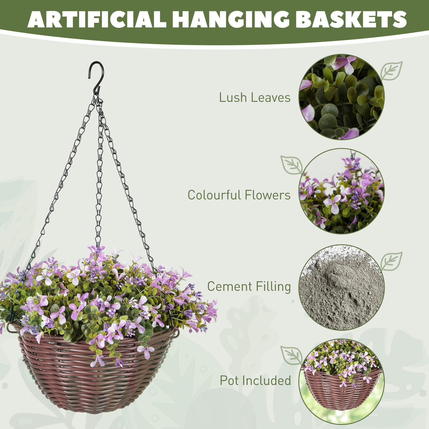 HOMCOM Artificial Flowers in Basket Set of 2, Artificial Hanging Baskets with 75 Leaves and 15 Flowers in Pot, Decorative Plant for Home Office Decor, Purple