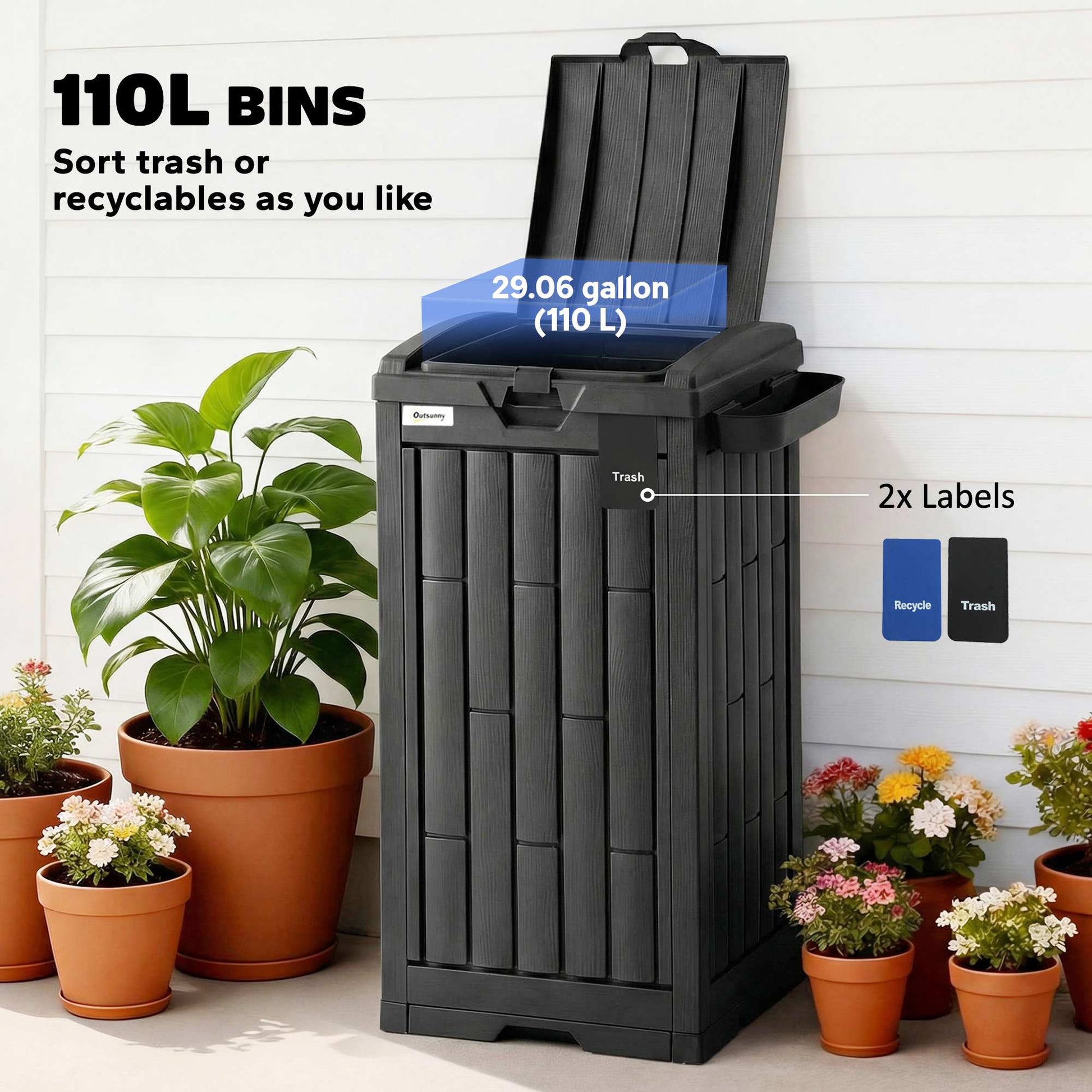 Outsunny 110 L Outdoor Bin with Dual Lid, Waterproof Plastic Trash Bin with Ashtray and Drip Tray, Garden Waste Trash Bin, Black