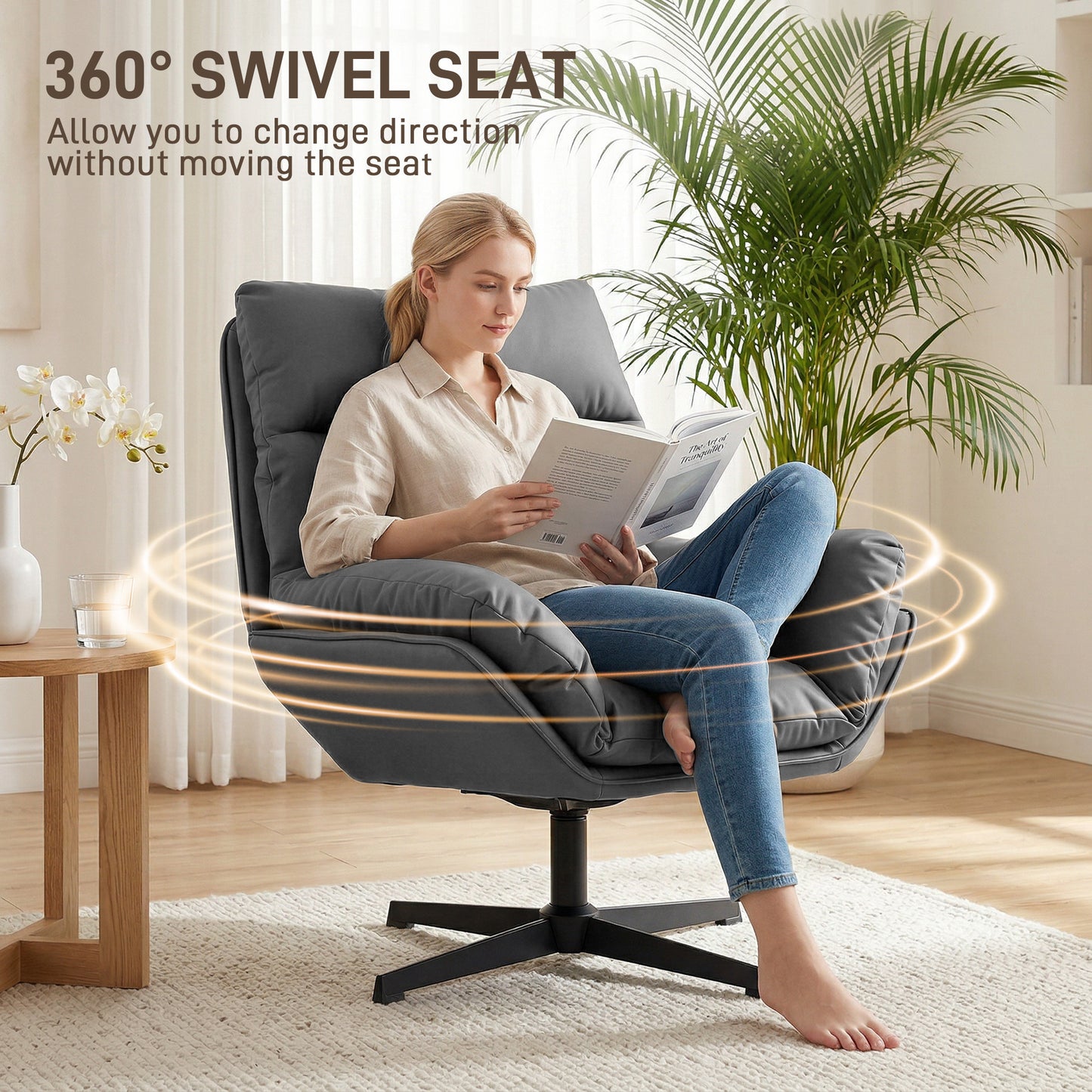 HOMCOM Accent Chair with 360 Swivel Armchair for Living Room with Padded Cushion Dark Grey