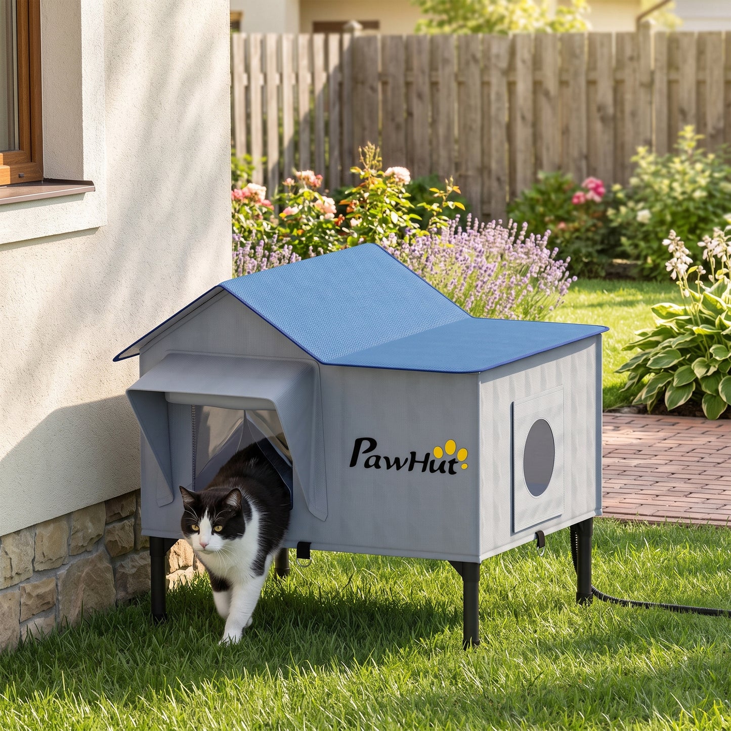 PawHut Heated Cat House Weatherproof w/ Heating Pad, Elevated Base, Escape Door, Cat Winter Shelter for Stray, Barn Cats