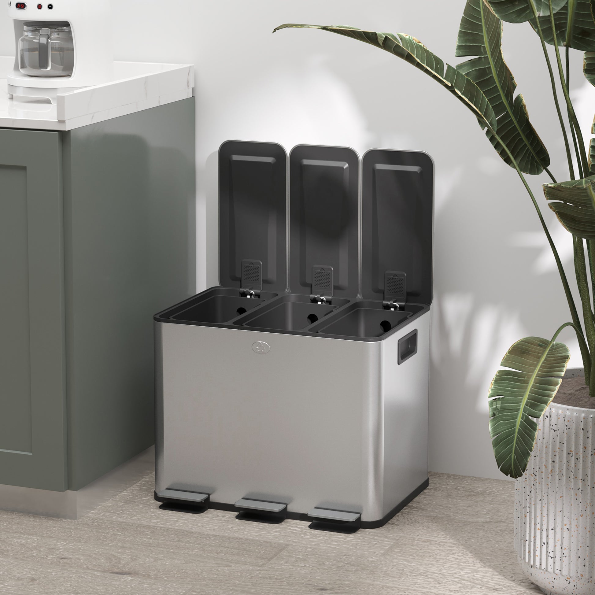 HOMCOM 3 x 20L Pedal Bin, Steel Triple Kitchen Bin with Soft Close Lid, Removable Inner Buckets, Fingerprint-Proof, Silver Tone