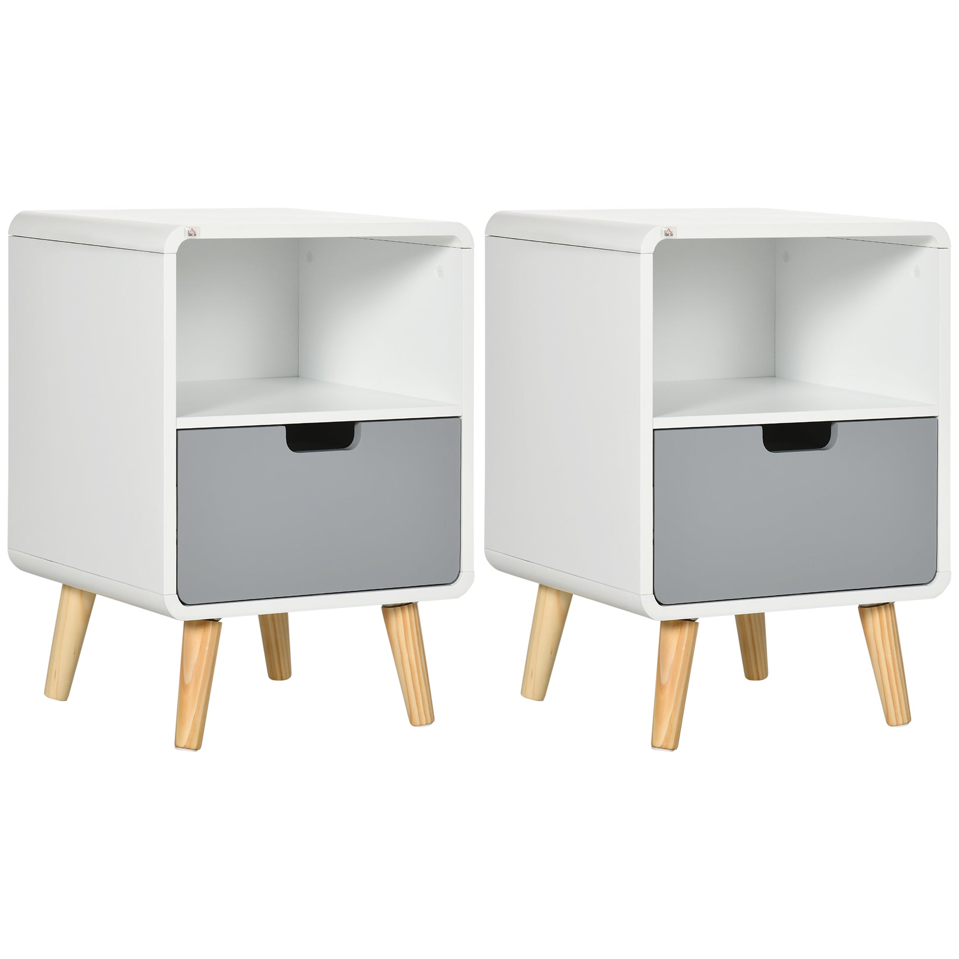 HOMCOM Wooden Bedside Table End Nightstand With Drawer Wood Lamp Desk Storage Unit Bedroom Scandinavian Nordic Style, Set of 2