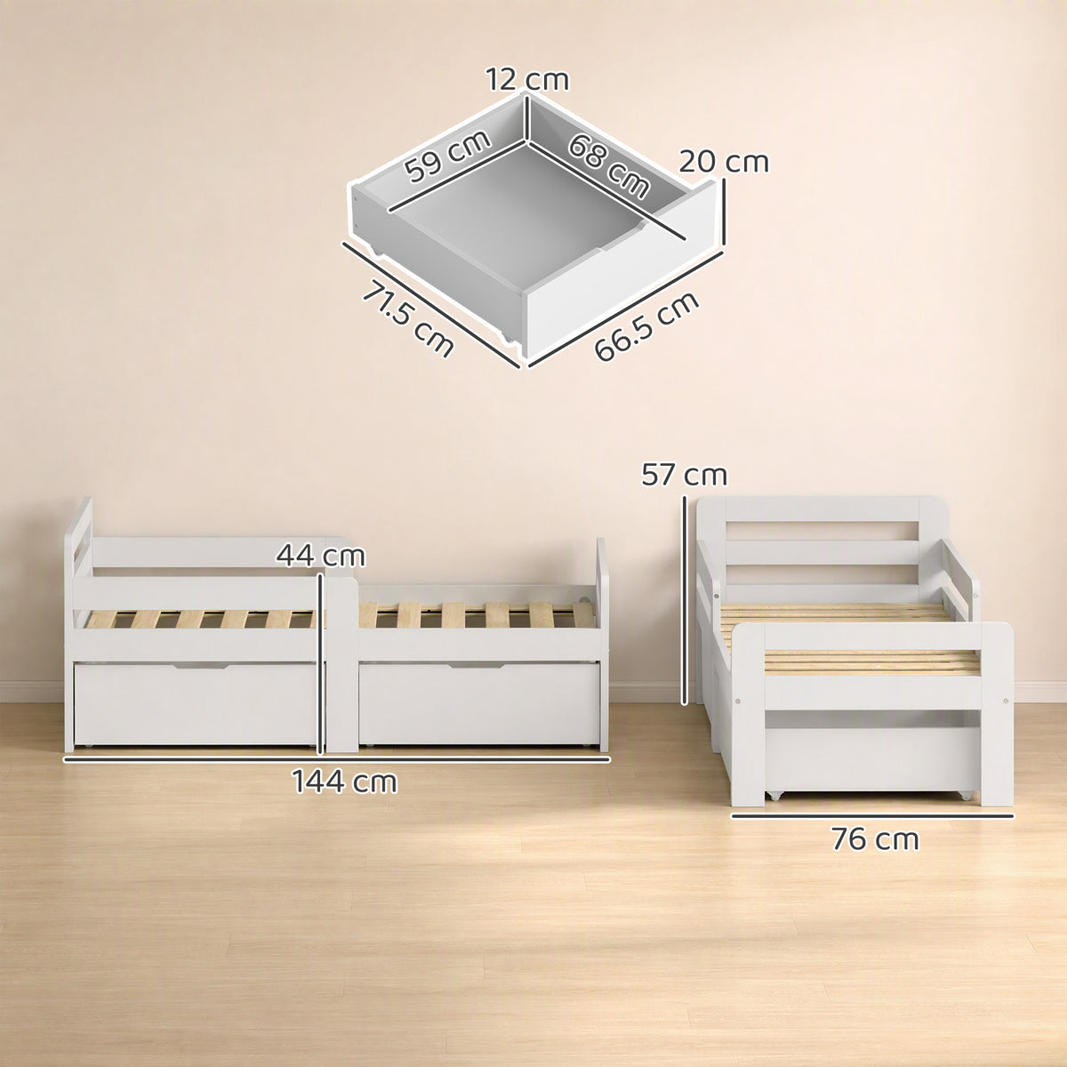 AIYAPLAY Wooden Kids Bed Frame with 2 Storage Drawers and Guard Rails for Ages 4-14, 144 x 76 x 57 cm (No Mattress), Grey