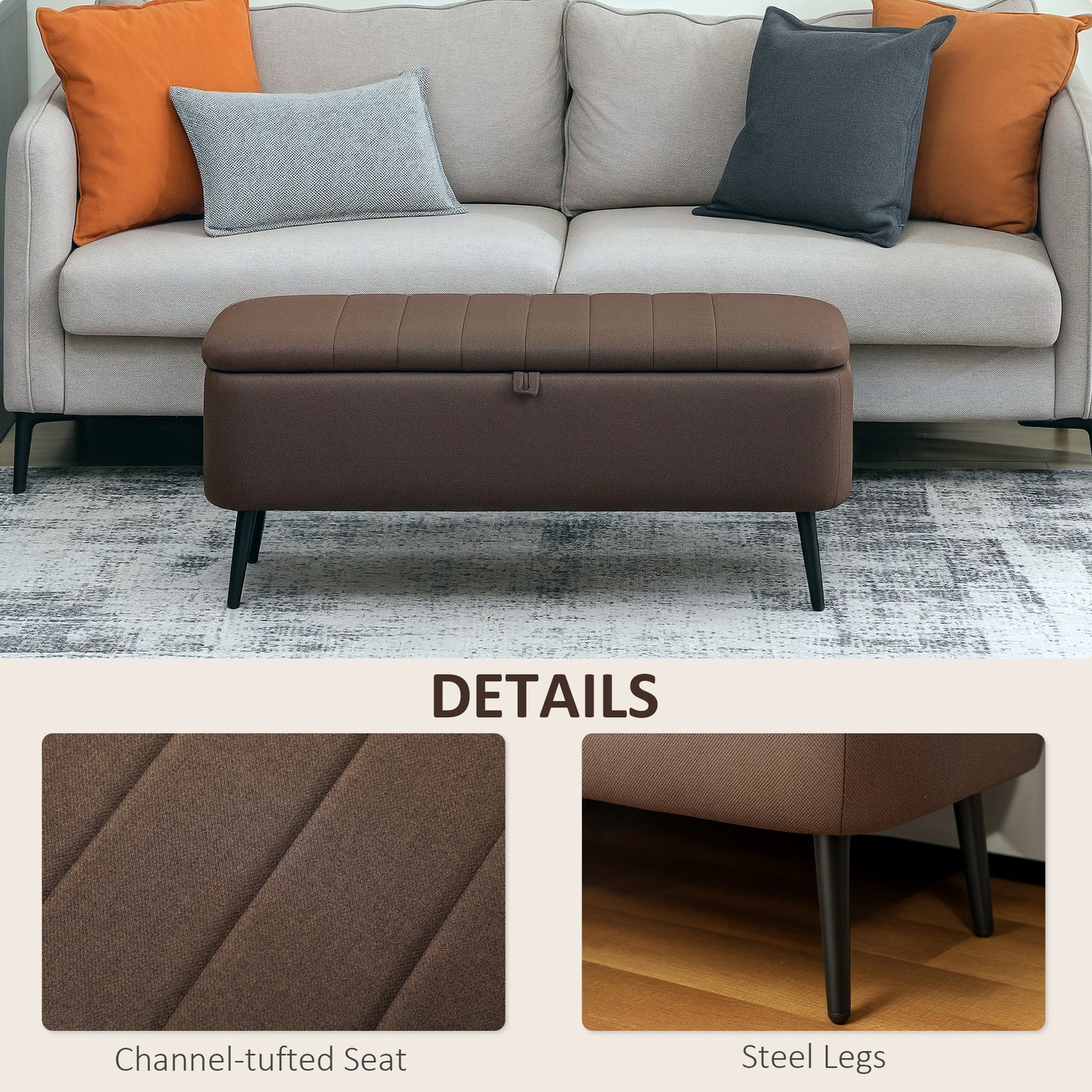 HOMCOM Linen-Look 92 x 31cm Storage Ottoman - Dark Brown