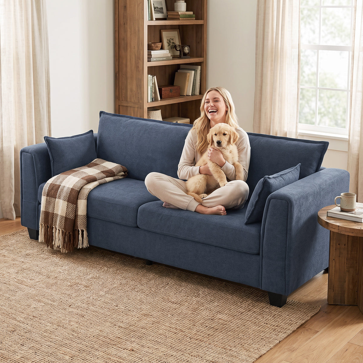HOMCOM 3 Seater Sofa, Linen Upholstered Sofa Couch with Spring Cushions, Thick Padding, Wide Padded Armrests, Dark Blue