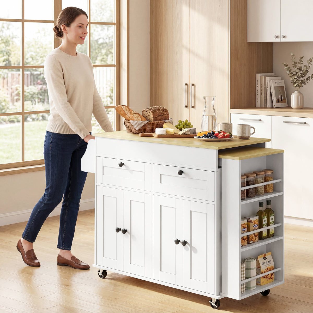 HOMCOM Rolling Kitchen with Expandable Top, Kitchen Island on Wheels with USB Ports & Power Outlets, Storage, White