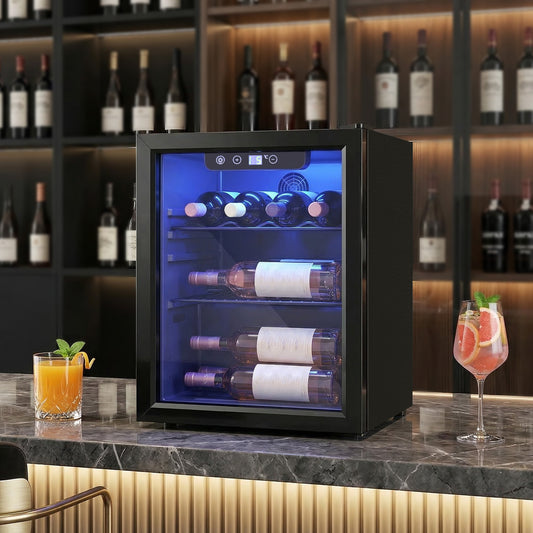 HOMCOM 16 Bottle Wine Cooler, 48 Litre Capacity, 4-16Â°C Tabletop Counter Drinks Wine Fridge with Glass Door, LED Light, Black