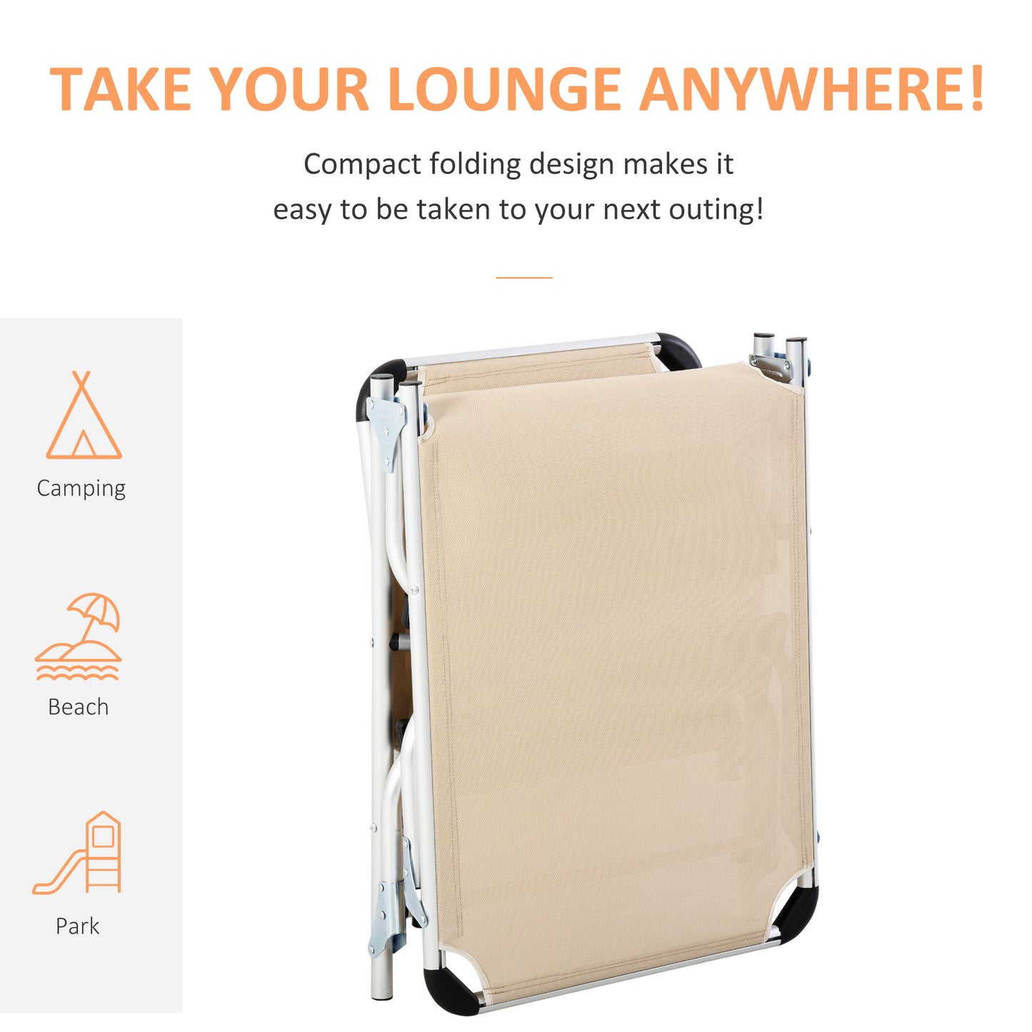Outsunny Foldable Outdoor Sun Loungers Set of 2, Reclining Lounge Chair Camping Bed Cot with Pillow 4-Level Adjustable Back Aluminium Frame, Khaki
