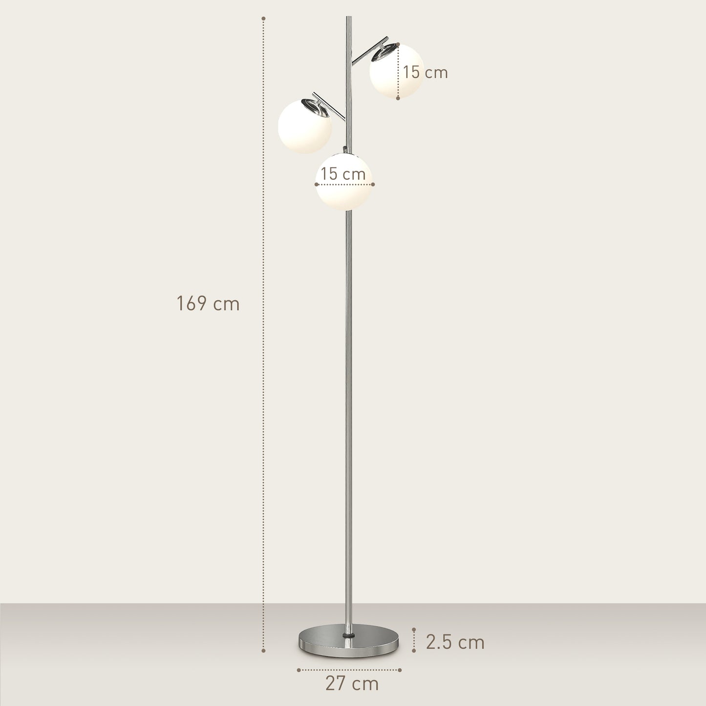 HOMCOM 3-Light Tree Floor Lamps for Living Room, Modern Standing Lamp for Bedroom with Globe Lampshade, 3000K/4000K/6000K Colour Temperatures, Steel Base, Silver Tone