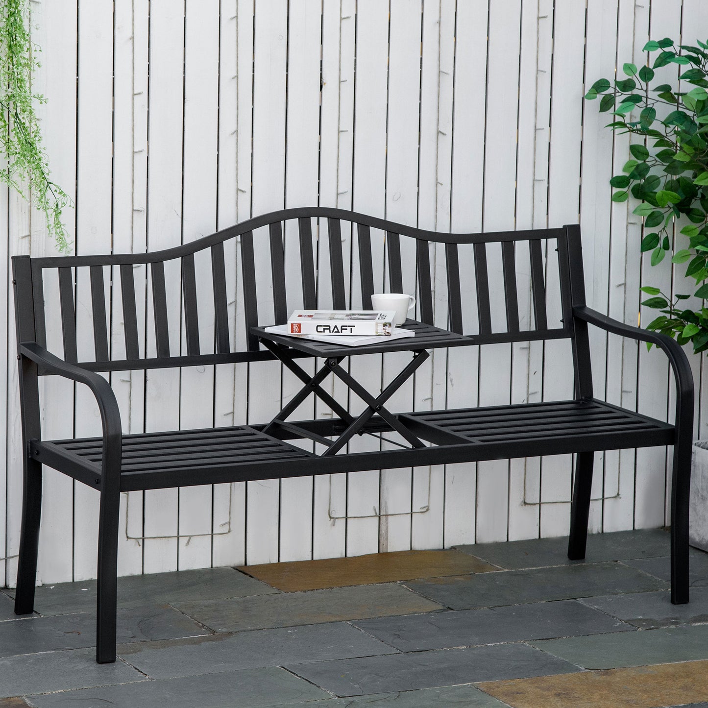 Outsunny Metal Outdoor Bench with Liftable Middle Table, Patio Loveseat, Garden Bench for Garden, Porch, Seats 2â€“3 People, Black